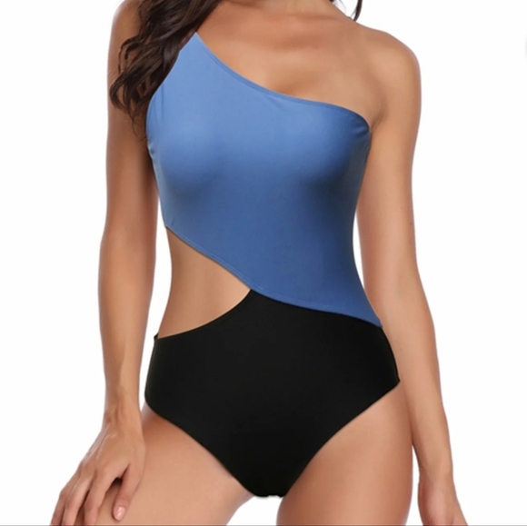 Stylish Blue and Black One-Shoulder One-Piece Swimsuit - Picture 1 of 6